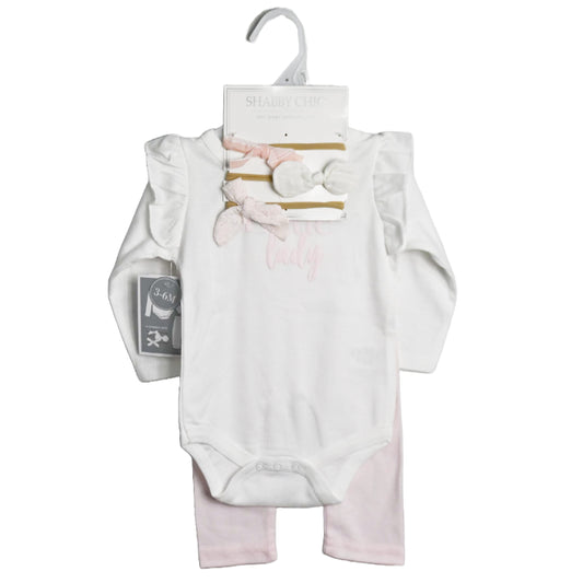 White/PK/Floral Long Sleeve Bodysuit with Shoulder Ruffle, Pants, and Bow Headband Baby Apparel Set C/P 48