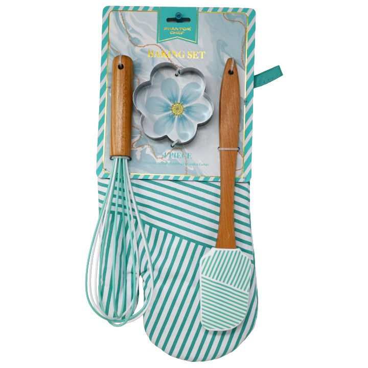 4pc Striped Baking set wSpatula, Whisk, Oven Mitt and Cookie Cutter - Teal C/P 24