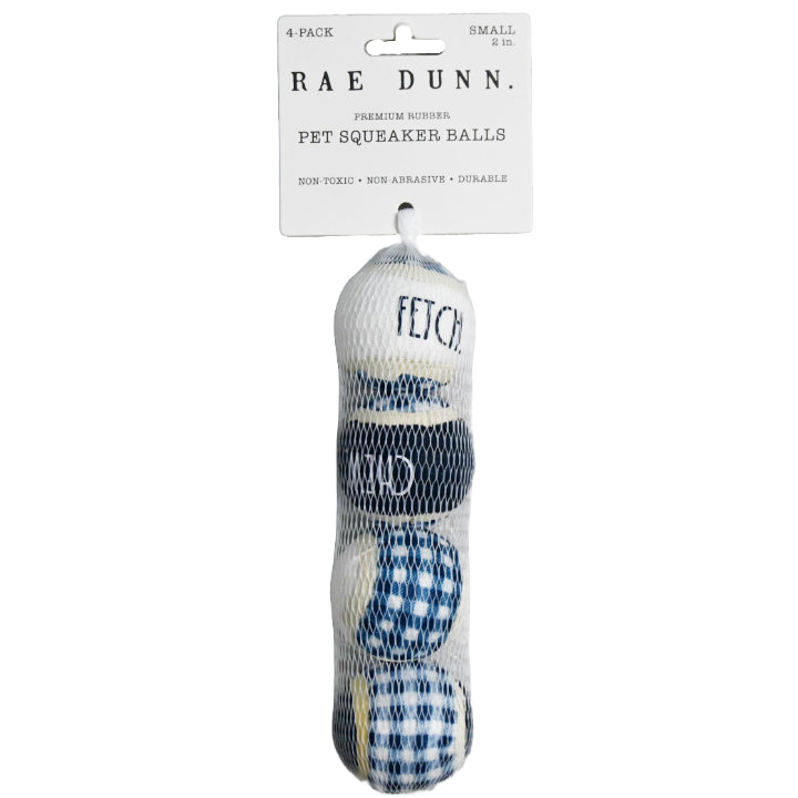 4pk 2" NAVY BUFFALO PLAID SQUEAKER TENNIS BALL PET TOY RAE DUNN C/P 48