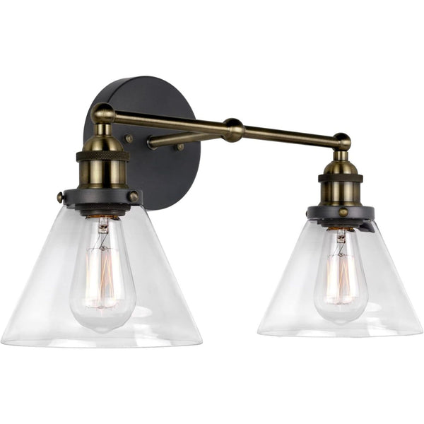 Indie 19" 2-Light Mid Century Modern Bathroom Light Fixture, Industrial Vanity Light Wall Sconce + Clear Funnel Flared Glass Shades, Antique Brass + Brushed Black Finish C/P 1
