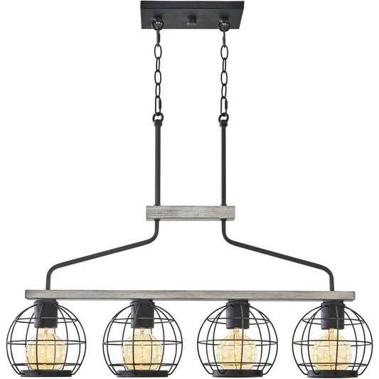 Wellington 34" 4-Light Farmhouse Island Light + Round Cage Shades, Light Cedar Wood Style + Textured Black Finish C/P 1