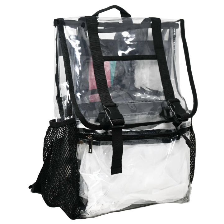 *OUTSIDE CA* CLEAR BACKPACK W/BLACK TRIM & FRONT POCKET, 2 MESH SIDE POCKETS C/P 20