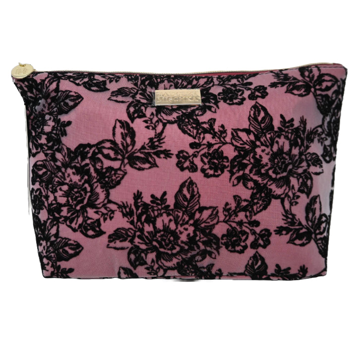 BLK/BURGUNDY VELVET FLORAL PATTERN LACE TOP ZIP COSMETIC BAG BADGLEY MISCHKA C/P 36
