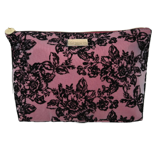BLK/BURGUNDY VELVET FLORAL PATTERN LACE TOP ZIP COSMETIC BAG BADGLEY MISCHKA C/P 36