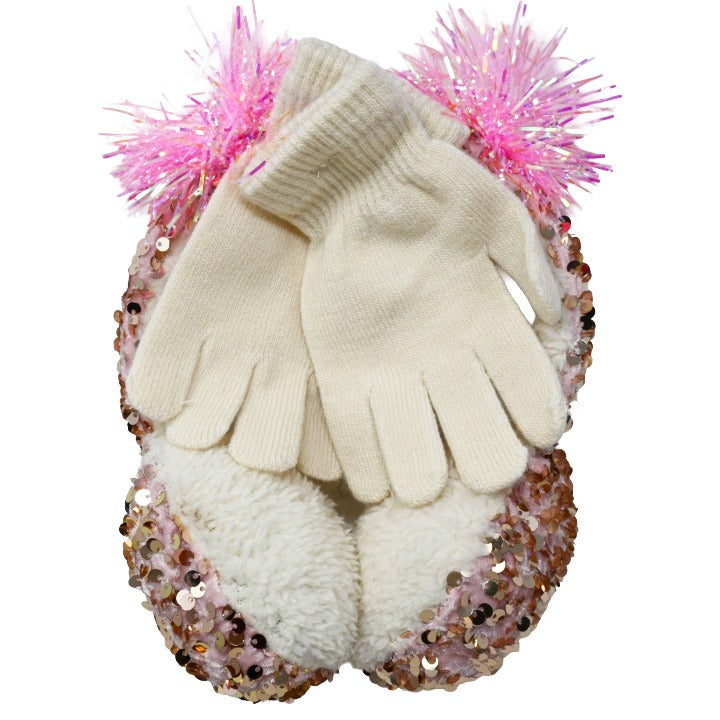2pc Girls Rose Gold Earmuff Glove Set Confetti C/P 24