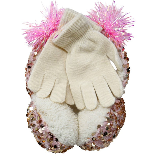 2pc Girls Rose Gold Earmuff Glove Set Confetti C/P 24