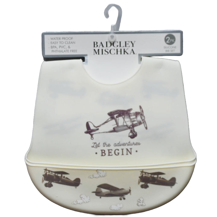 2pk Cream "Let The Adventure Begin" & Planes Print Silicone Bibs Badgley Mischka C/P 60