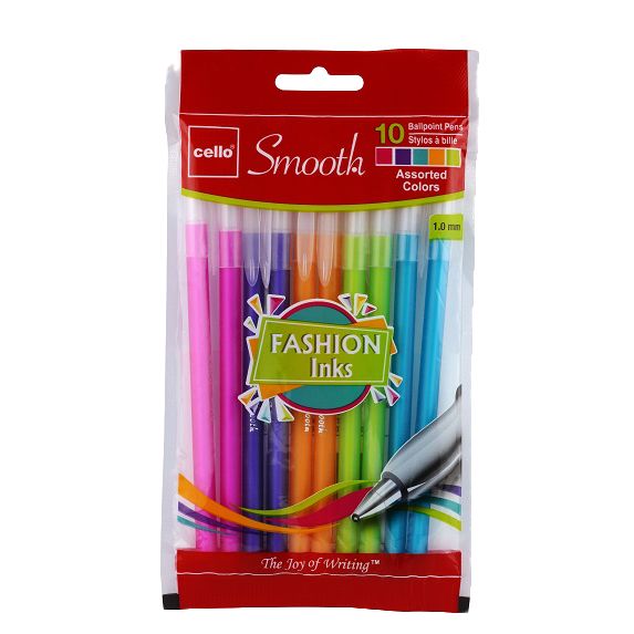 Cello Smooth 10pk Ball Point Pens, Assorted Fashion Ink Colors C/P 72