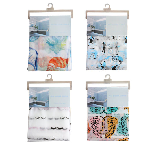 70" X 72" PRINTED SHOWER CURTAIN, 4 ASSORTED PRINTS C/P 24