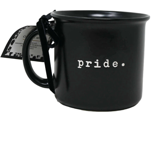 Matte Camper Mug with Debossed "Pride." Nicole Miller C/P 36
