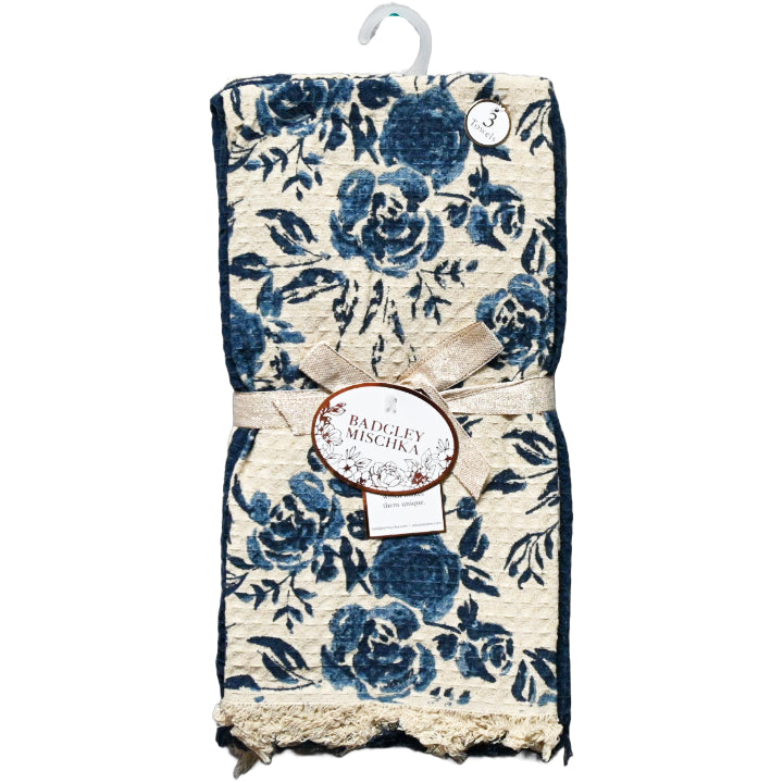 3pc Printed & Acid Wash Waffle Towels -2 Peony Print &1 Solid Navy C/P 36
