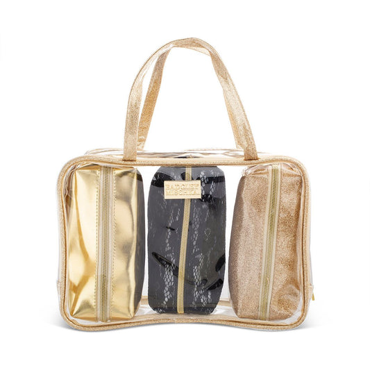 4pc CLEAR/GOLD PVC, METALLIC PU, LACE AND GLITTER PVC POUCH NESTED ORGANIZER COSMETIC BAG SET BADGLEY MISCHKA C/P 20