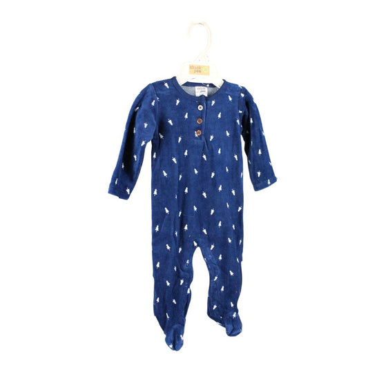 NAVY SINGLE FASHION FOOTED COVERALL-VELOUR C/P 48