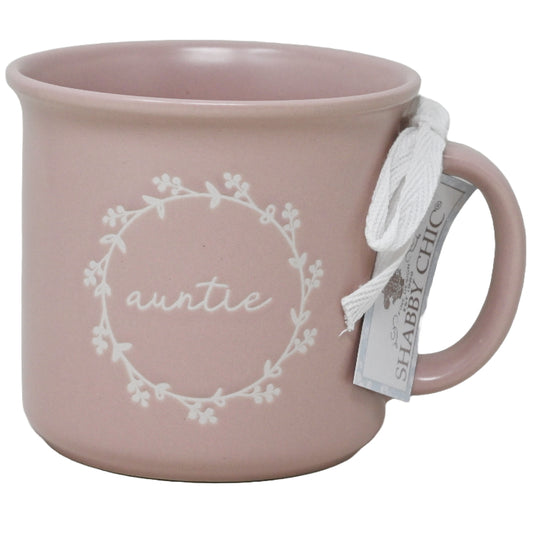 Debossed "Auntie" with Floral Wreath Border Camper Mug Shabby Chic C/P 36