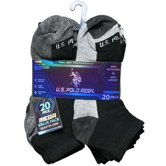 20pk MEN BLK NC QTR SOCKS U.S. POLO ASSN. ASST COLORS SIZE 6-12 C/P 48
