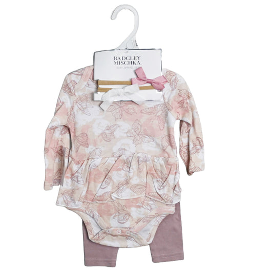4PC Mauve Butterflies Print Skirt Onesie & Mauve Pants & Bow Headbands 3-12M Badgley Mischka C/P 48