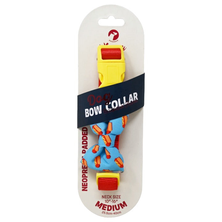DOG COLLAR W/BOW HOT DOG BLUE/RED C/P 48