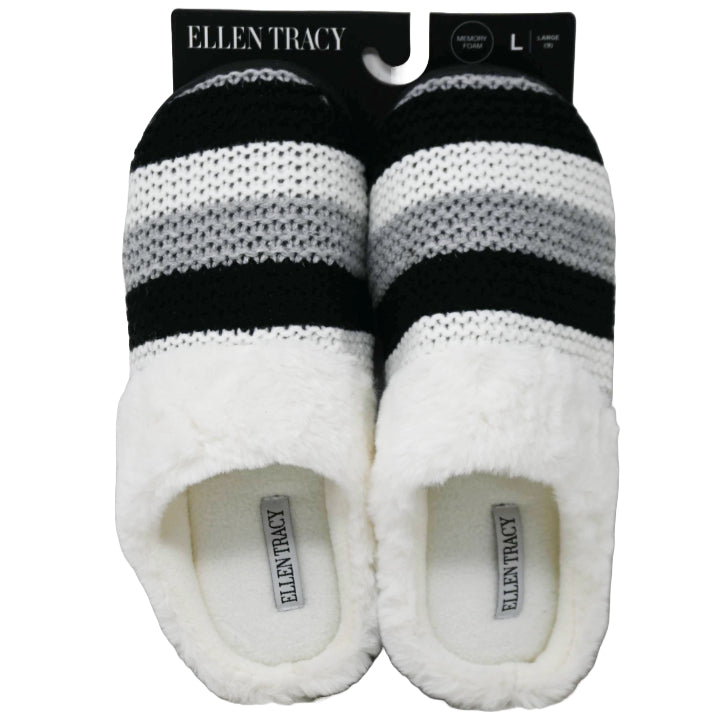 S-XL WOMEN BLK STRIPPED KNIT SLIPPER W/FAUX FUR COLLAR ELLEN TRACY C/P 18