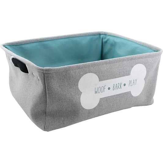 17"x13"xH8 Grey wTeal Inside and White Bone "Woof, Bark, Play" Linen Rectangle Pet Storage Bin C/P 12