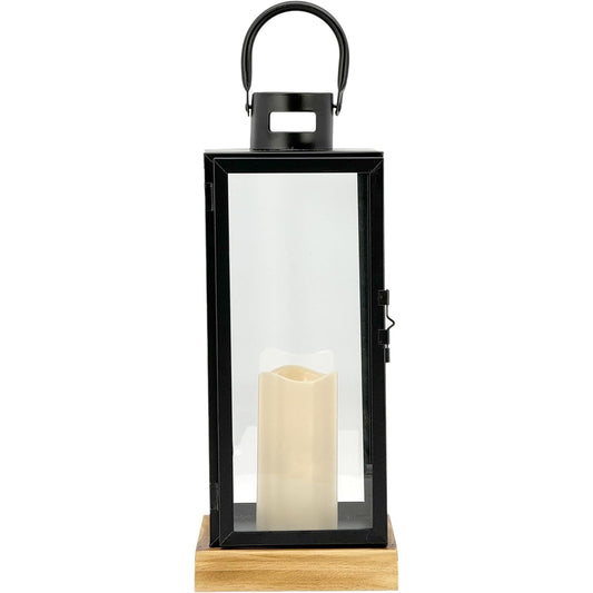 12.6" Black Metal Frame LED Candle Lantern wGlass Panels & Wooden Base C/P 6