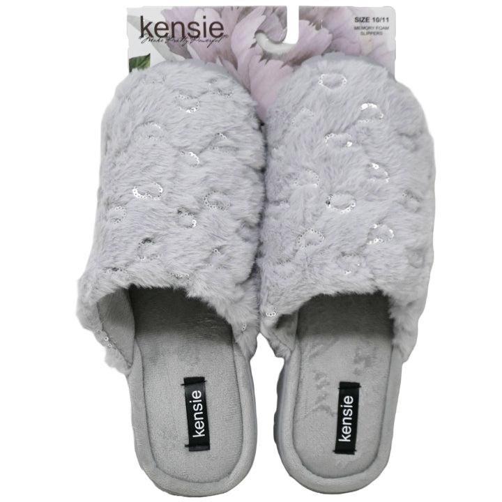 S-XL WOMEN GREY FAUX FUR SLIPPER W/SEQUIN HEARTS KENSIE C/P 18