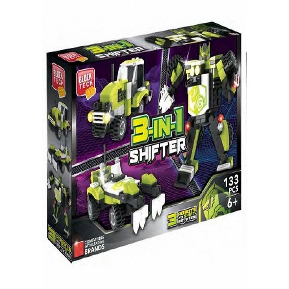 BLOCK TECH 3 IN 1 ROBOTS GREEN JEEP TANK PLAYSET C/P 12