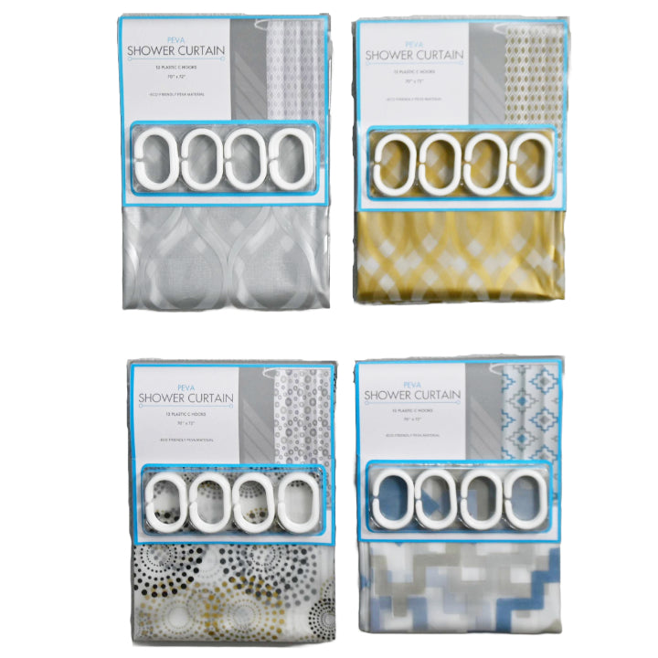 70" X 72" PRINTED SHOWER CURTAIN W/C-HOOKS 4-ASST C/P 24