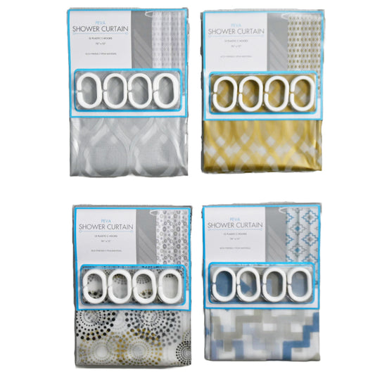 70" X 72" PRINTED SHOWER CURTAIN W/C-HOOKS 4-ASST C/P 24
