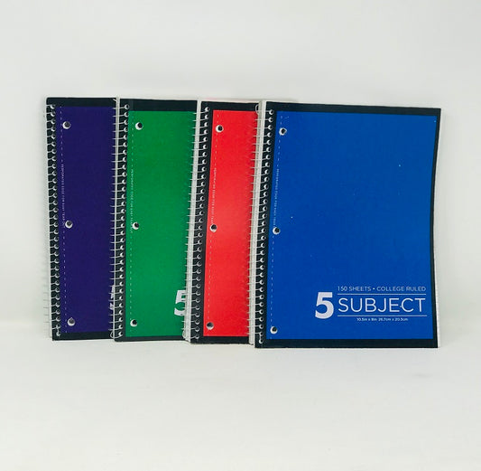 150 SHEET FIVE SUBJECT NOTEBOOK, 10.5"X8" C/P 24