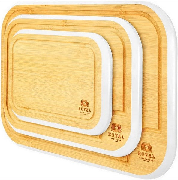 3pc WHITE ROUNDED BAMBOO CUTTING BOARD SET C/P 8