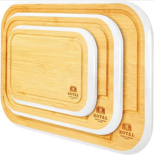 3pc WHITE ROUNDED BAMBOO CUTTING BOARD SET C/P 8