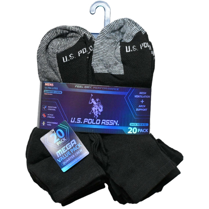 20pk MEN BLK NC QTR SOCKS U.S. POLO ASSN. ASST COLORS SIZE 6-12 C/P 48