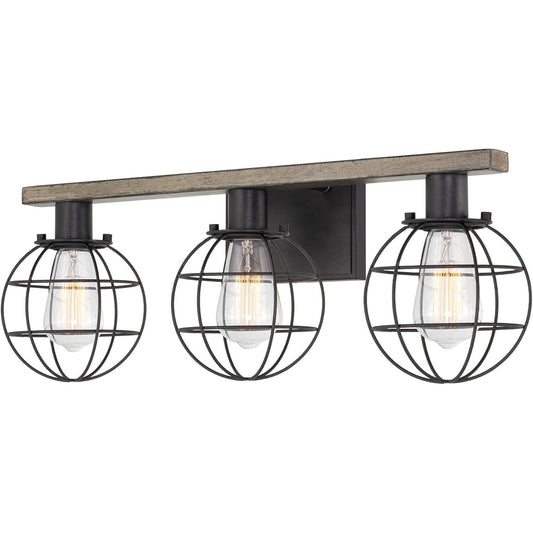 Nash 24" 3-Light Modern Farmhouse Vanity / Bathroom Light + Orb Cage Shades, Reclaimed Oak Wood Style + Textured Black Finish C/P 1