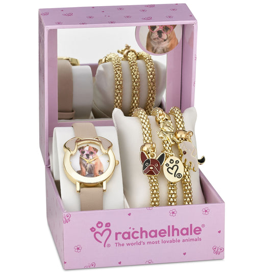 8.5" ADJ. LOLA WATCH W/3 GOLD STRETCH DOG MOTIF CHARM BRACELETS RACHAEL HALE C/P 30