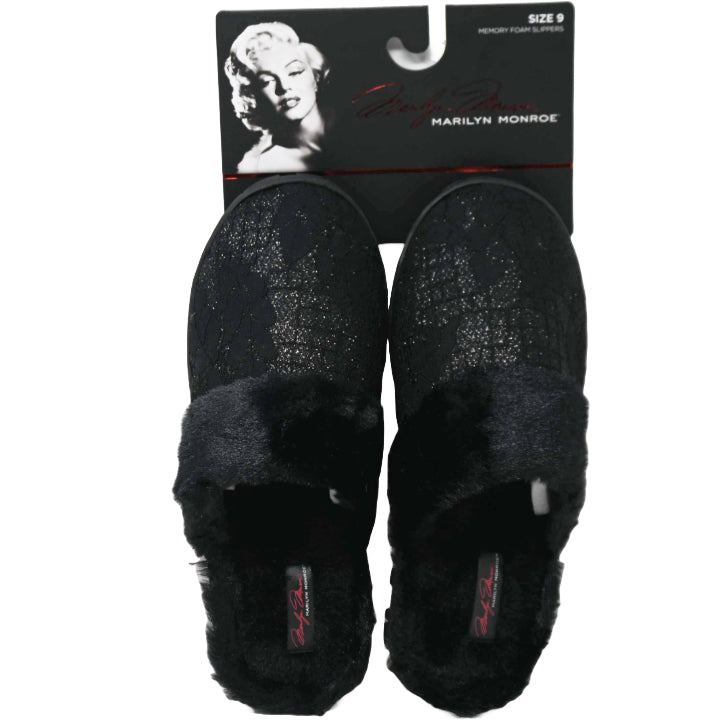 S-XL WOMEN BLK LACE & GLITTER SLIPPER W/FAUX FUR COLLAR MARILYN MONROE C/P 18