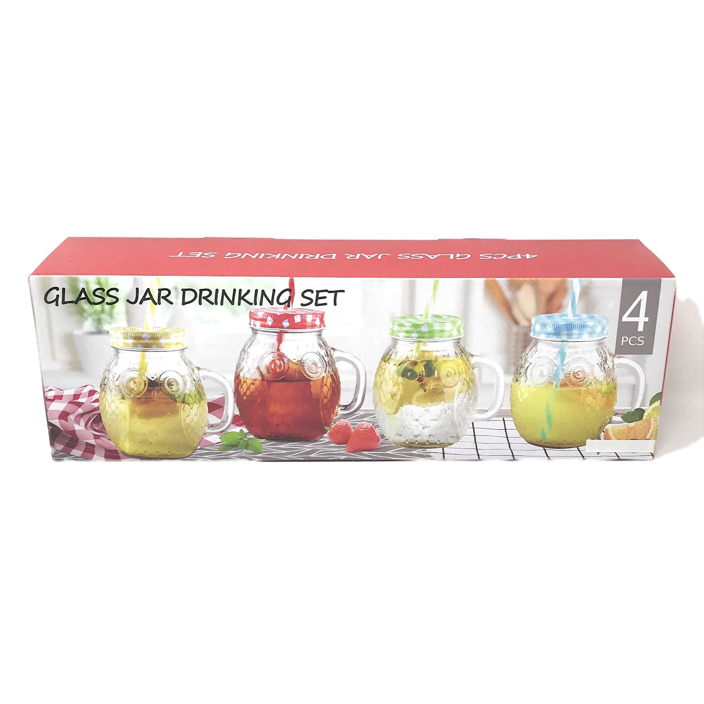 GLASS JAR 4PCS 550ML W/COLORED METAL LID AND STRAW C/P 6