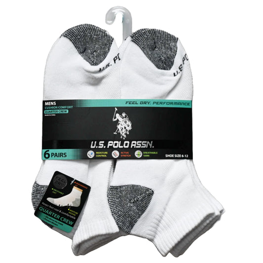 6pk MEN QTR CUSHION CREW SOCKS WHITE SIZE 6-12 C/P 48