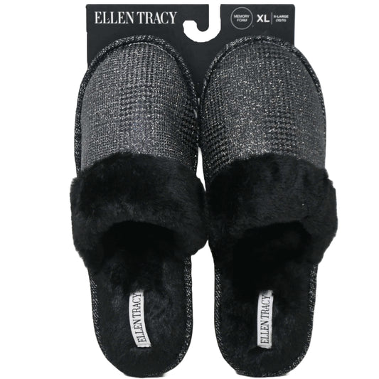 S-XL WOMEN BLK GLITTER HOUNDSTOOTH SLIPPER W/FAUX FUR COLLAR ELLEN TRACY C/P 18