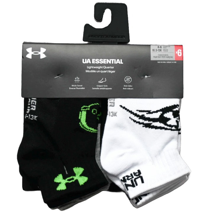 6pk BOYS FOOTBALL UNDER ARMOUR ESSENTIAL QTR SOCKS SIZE 4-6 C/P 36
