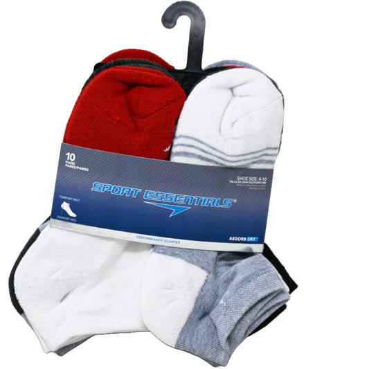 10pk KIDS WHT SPORT ESSENTIALS MULTI STRIPE HC QTR SOCKS SIZE 9-11 C/P 60