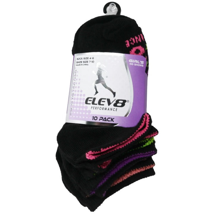 10pk Girls 4-6G Asst Black No Show Socks C/P 30 ELEV8