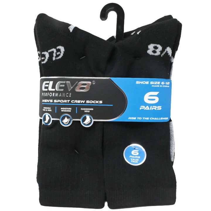 6pk Mens 10-13M Asst Blk Block Crew Socks C/P 60 ELEV8
