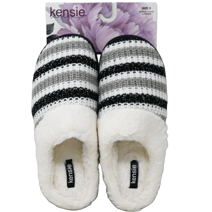 S-XL WOMEN BLK CHUNKY KNIT SHIMMER SLIPPER W/FAUX COLLAR KENSIE C/P 18