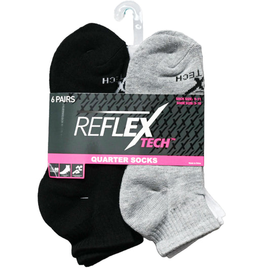 6pk LADIES WHT/BLK/GRY CUSHIONED QUARTER SOCKS SIZE 9-11 C/P 36