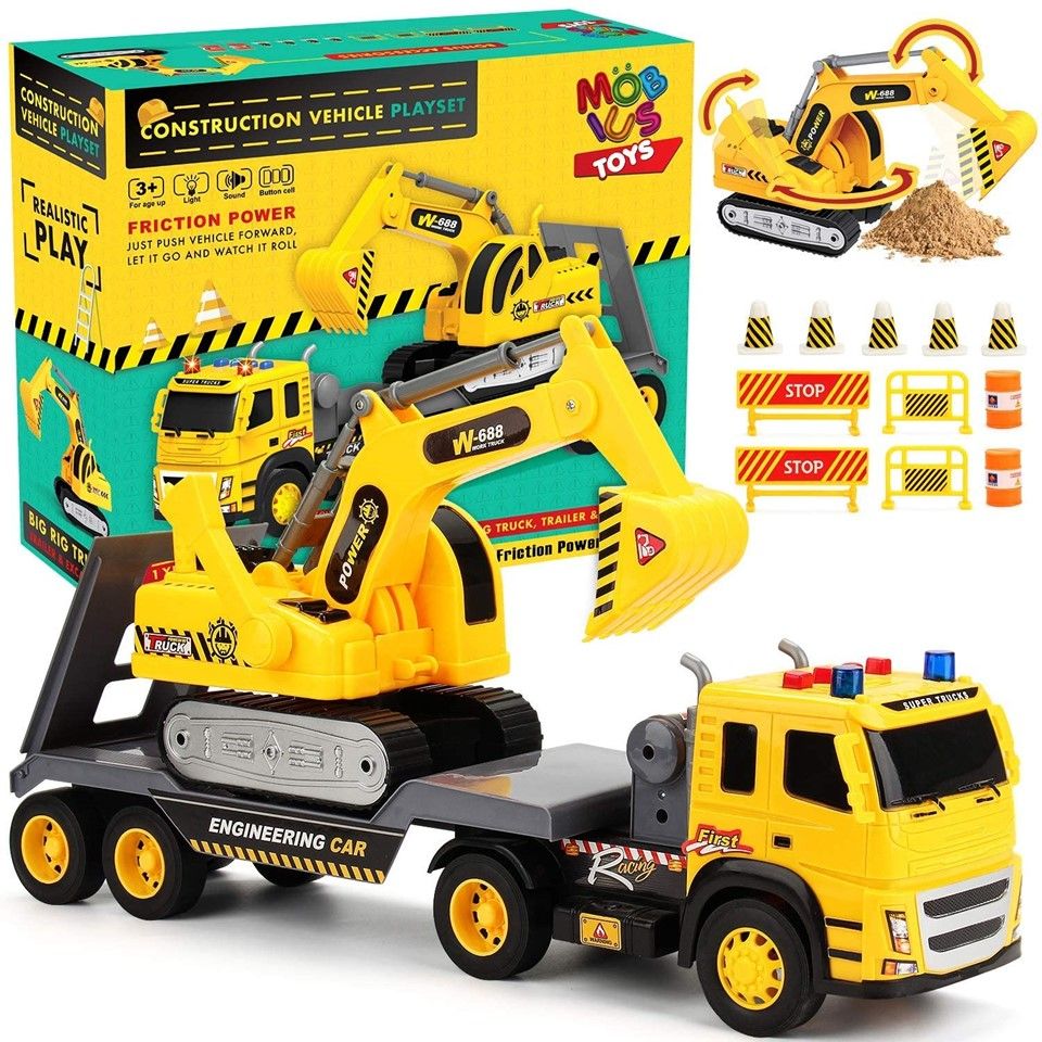 Flatbed Truck & Excavator - 1:12 Large Push & Go Toy Truck w/Lights & Sounds C/P 8