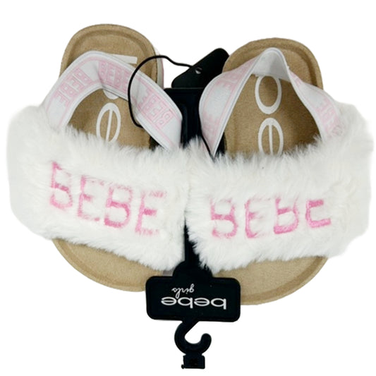 BEBE WHITE TODDLER GIRLS FOOTBED SANDALS W/FAUX FUR AND ELASTIC BACK ASST SIZE C/P 12