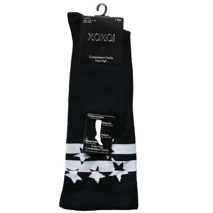 LADIES 1PK COMPRESSION KNEE HIGH SOCKS BLACK WITH STAR PRINT C/P 48