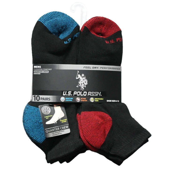 MENS 10PK QTR CREW CUSHION SIZE 6-12 BLACK RED AND BLUE CUSHION C/P 48 US POLO ASSN