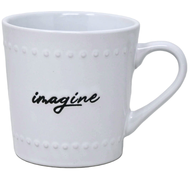 16oz White Mug with Embossed Pattern and Debossed "Imagine" C/P 24