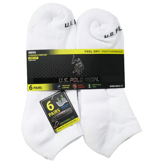 6pk MEN'S WHITE L/C CUSHION SOCKS SIZE 6-12 U.S. POLO ASSN. C/P 48